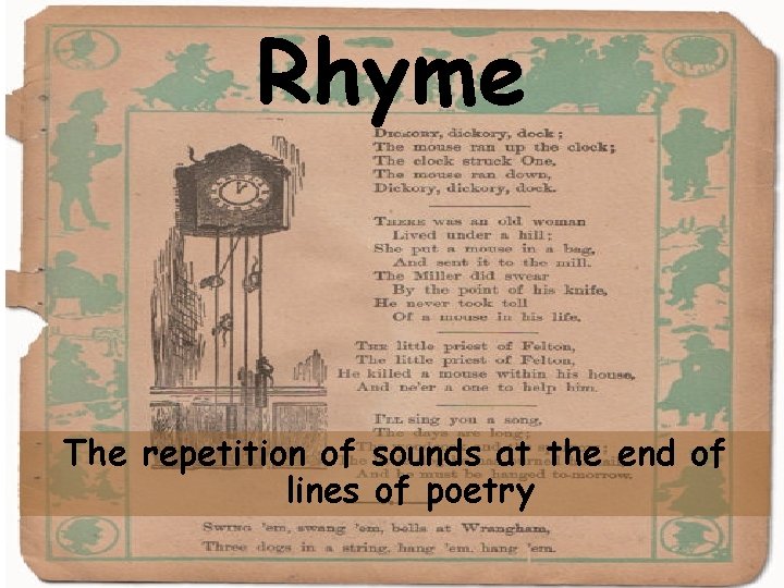 Rhyme The repetition of sounds at the end of lines of poetry 