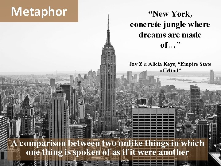 Metaphor “New York, concrete jungle where dreams are made of…” Jay Z & Alicia