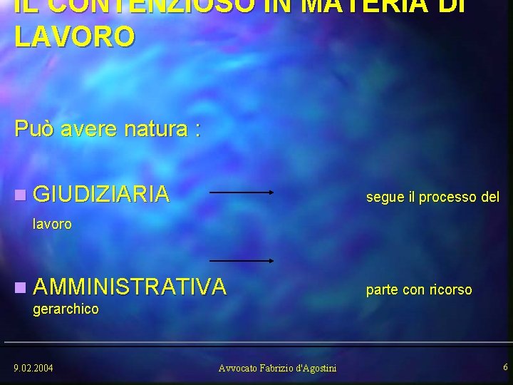 IL CONTENZIOSO IN MATERIA DI LAVORO Può avere natura : n GIUDIZIARIA segue il