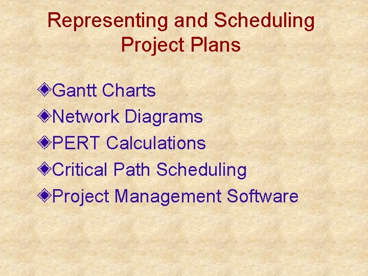 Representing and Scheduling Project Plans Gantt Charts Network Diagrams PERT Calculations Critical Path Scheduling