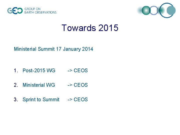 Towards 2015 Ministerial Summit 17 January 2014 1. Post-2015 WG -> CEOS 2. Ministerial
