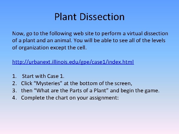 Plant Dissection Now, go to the following web site to perform a virtual dissection