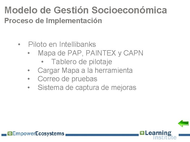 Modelo de Gestión Socioeconómica Proceso de Implementación • Piloto en Intellibanks • Mapa de