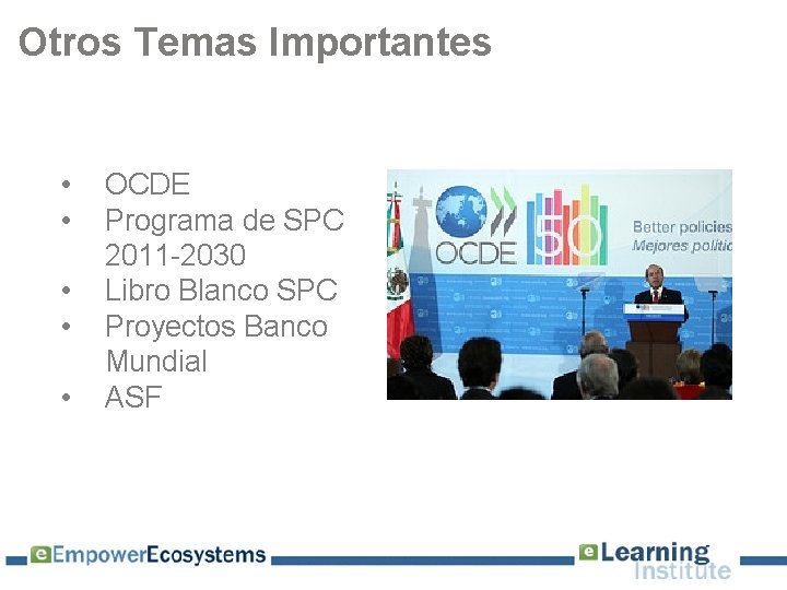 Otros Temas Importantes • • • OCDE Programa de SPC 2011 -2030 Libro Blanco