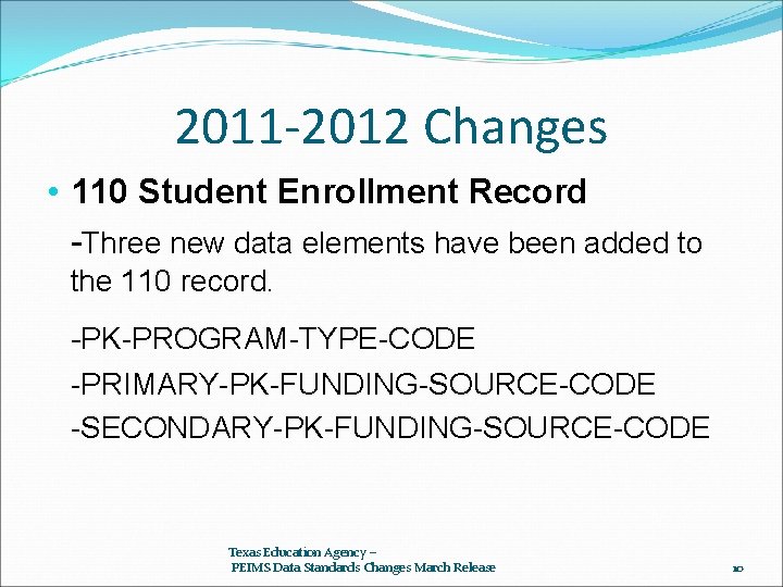 2011 -2012 Changes • 110 Student Enrollment Record -Three new data elements have been