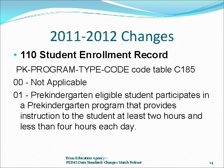 2011 -2012 Changes • 110 Student Enrollment Record PK-PROGRAM-TYPE-CODE code table C 185 00