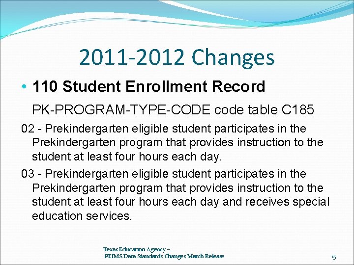 2011 -2012 Changes • 110 Student Enrollment Record PK-PROGRAM-TYPE-CODE code table C 185 02