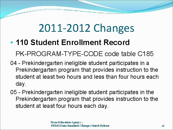 2011 -2012 Changes • 110 Student Enrollment Record PK-PROGRAM-TYPE-CODE code table C 185 04