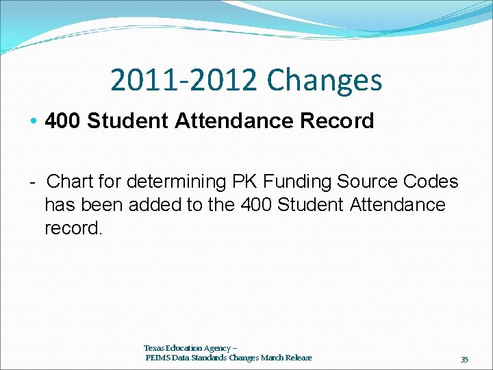 2011 -2012 Changes • 400 Student Attendance Record - Chart for determining PK Funding