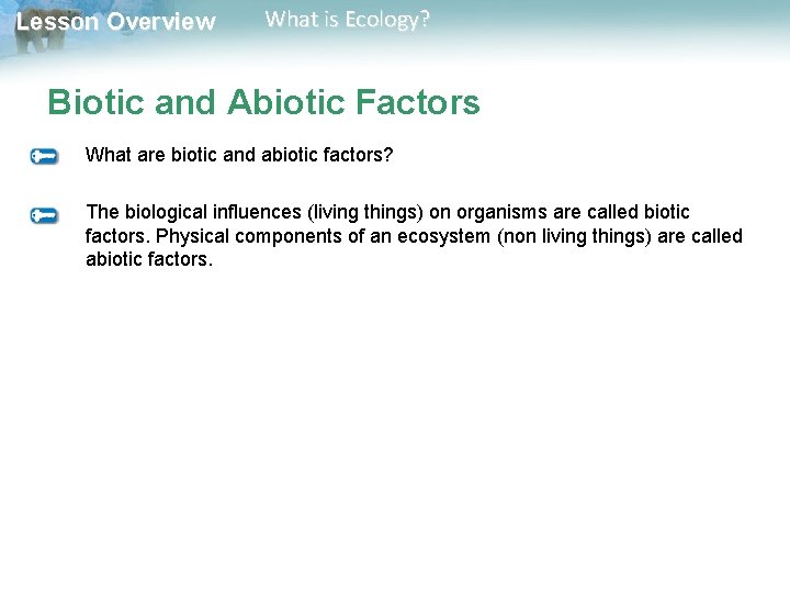 Lesson Overview What is Ecology? Biotic and Abiotic Factors What are biotic and abiotic