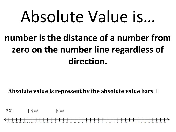 Absolute Value is… number is the distance of a number from zero on the