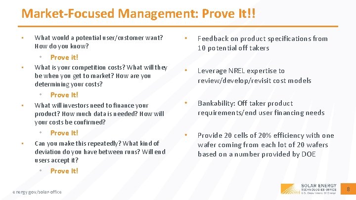 Market-Focused Management: Prove It!! • What would a potential user/customer want? How do you