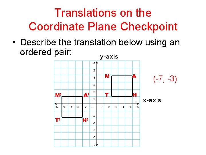 Translations on the Coordinate Plane Checkpoint • Describe the translation below using an ordered