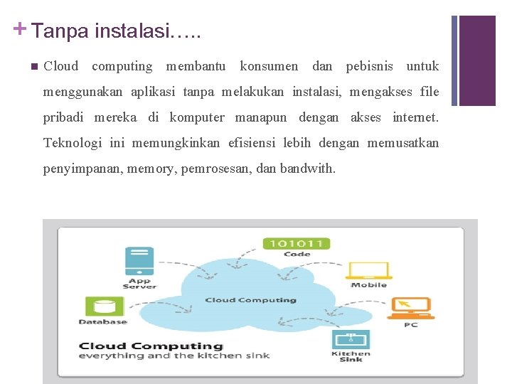 + Tanpa instalasi…. . n Cloud computing membantu konsumen dan pebisnis untuk menggunakan aplikasi