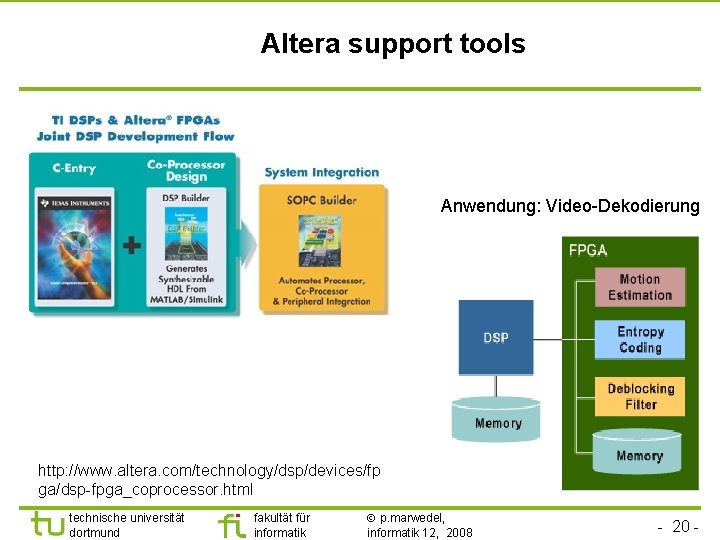 Altera support tools Anwendung: Video-Dekodierung http: //www. altera. com/technology/dsp/devices/fp ga/dsp-fpga_coprocessor. html technische universität dortmund