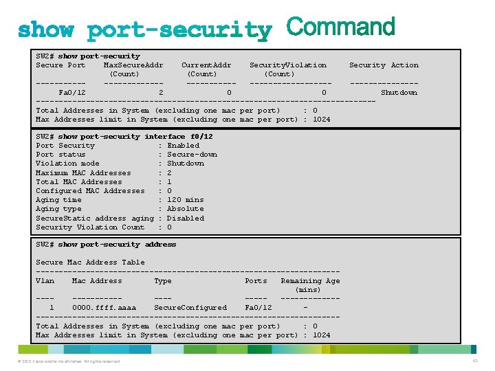 SW 2# show port-security Secure Port Max. Secure. Addr Current. Addr Security. Violation Security