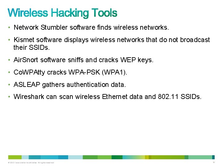  • Network Stumbler software finds wireless networks. • Kismet software displays wireless networks