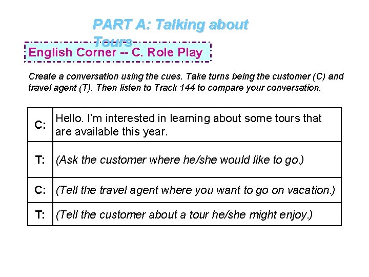 PART A: Talking about Tours English Corner -- C. Role Play Create a conversation