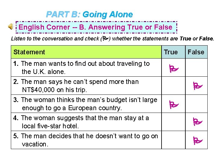 PART B: Going Alone English Corner -- B. Answering True or False Listen to