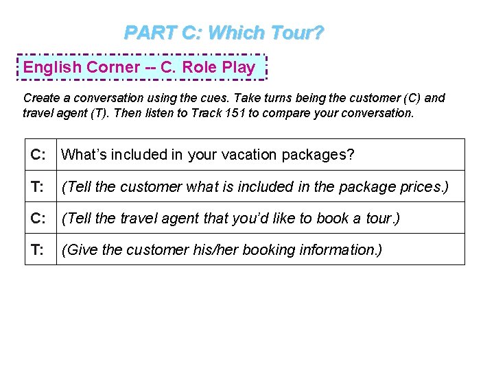 PART C: Which Tour? English Corner -- C. Role Play Create a conversation using