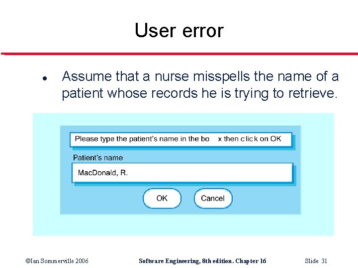 User error l Assume that a nurse misspells the name of a patient whose