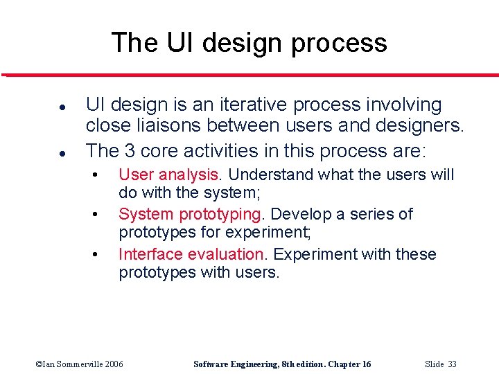 The UI design process l l UI design is an iterative process involving close