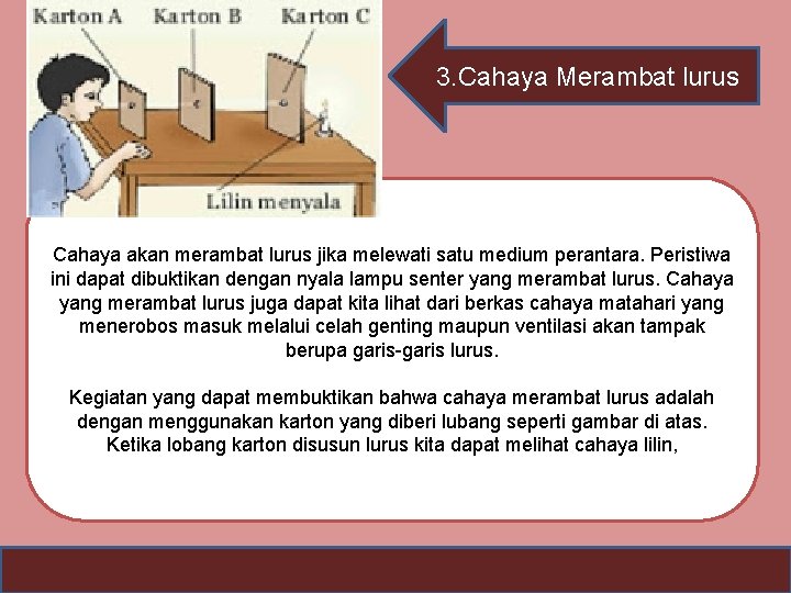 3. Cahaya Merambat lurus Cahaya akan merambat lurus jika melewati satu medium perantara. Peristiwa