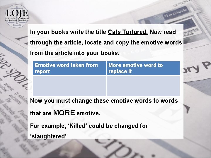 In your books write the title Cats Tortured. Now read through the article, locate
