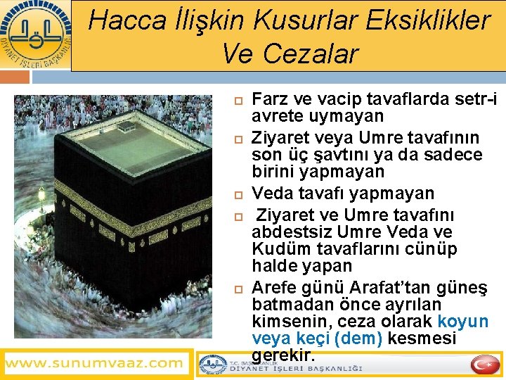 Hacca İlişkin Kusurlar Eksiklikler Ve Cezalar Farz ve vacip tavaflarda setr-i avrete uymayan Ziyaret