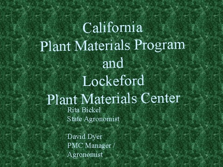 California Plant Materials Program and Lockeford Plant Materials Center Rita Bickel State Agronomist David
