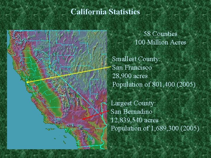 California Statistics 58 Counties 100 Million Acres Smallest County: San Francisco 28, 900 acres