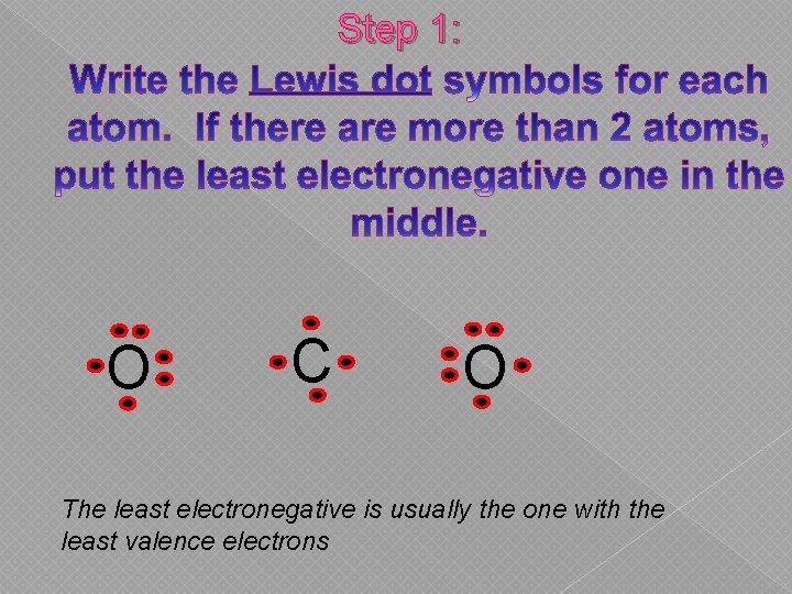 Step 1: O C O The least electronegative is usually the one with the