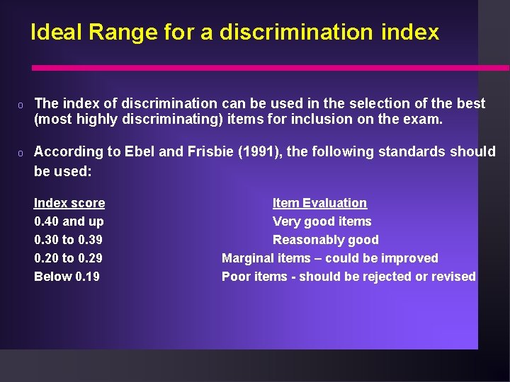 Ideal Range for a discrimination index o The index of discrimination can be used