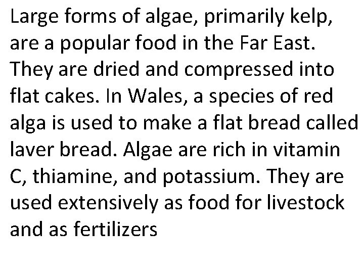 Large forms of algae, primarily kelp, are a popular food in the Far East.