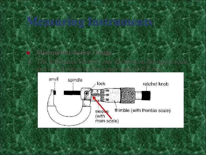 Measuring Instruments Micrometer Screw Gauge 4 The difference between one division on the upper