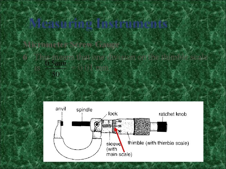 Measuring Instruments Micrometer Screw Gauge 6 This means that one division on the thimble