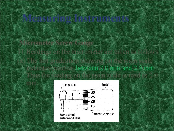 Measuring Instruments Micrometer Screw Gauge 11 Readings on the micrometer are taken as follows.