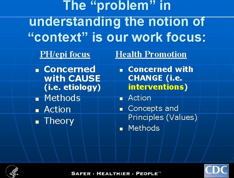 The “problem” in understanding the notion of “context” is our work focus: PH/epi focus