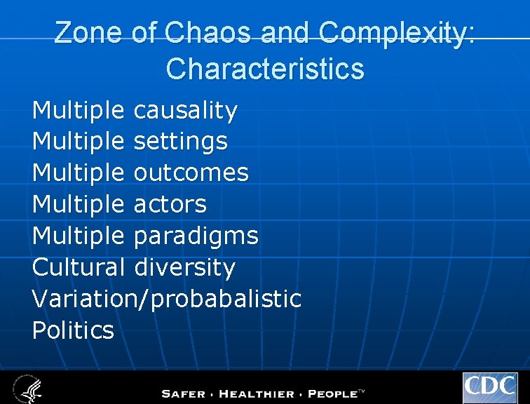 Zone of Chaos and Complexity: Characteristics Multiple causality Multiple settings Multiple outcomes Multiple actors