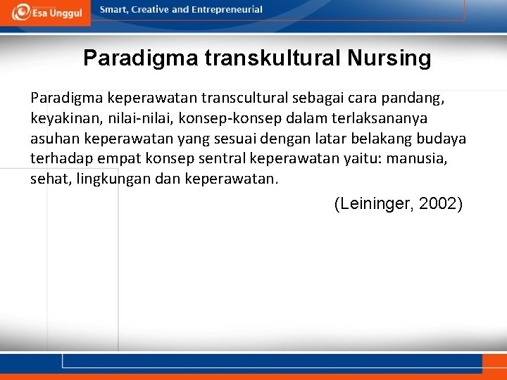 Paradigma transkultural Nursing Paradigma keperawatan transcultural sebagai cara pandang, keyakinan, nilai-nilai, konsep-konsep dalam terlaksananya