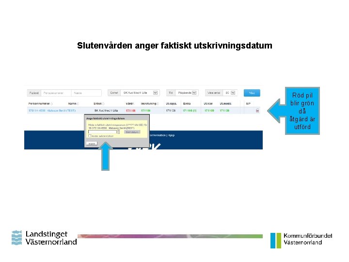 Slutenvården anger faktiskt utskrivningsdatum Röd pil blir grön då åtgärd är utförd Slutenvården anger faktiskt utskrivningsdatum Röd pil blir grön då åtgärd är utförd