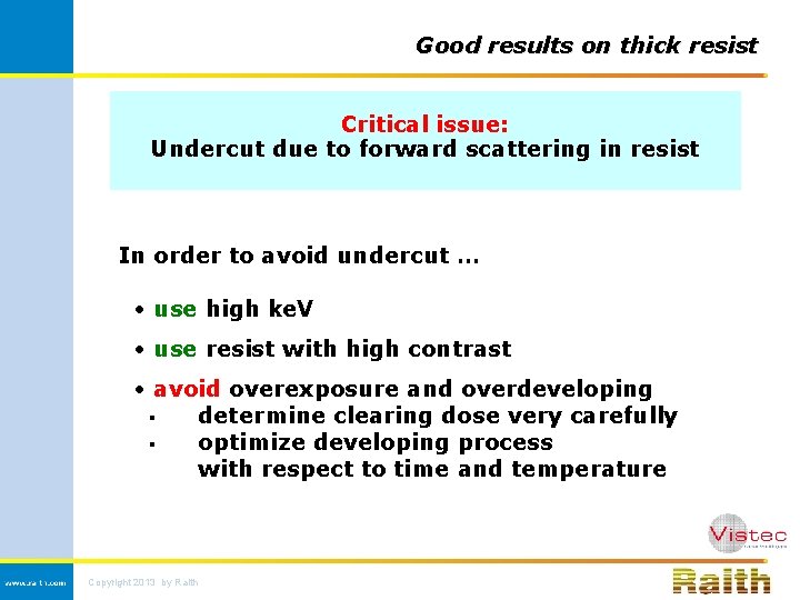 Good results on thick resist Critical issue: Undercut due to forward scattering in resist