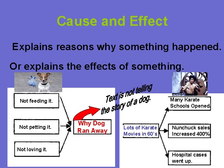 Cause and Effect Explains reasons why something happened. Or explains the effects of something.