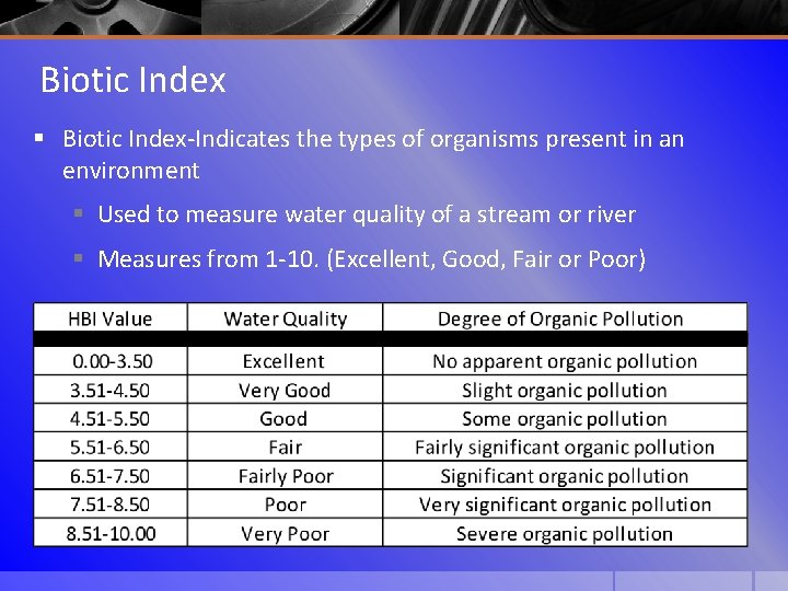 Biotic Index § Biotic Index-Indicates the types of organisms present in an environment §