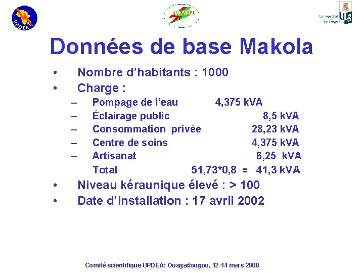 Données de base Makola • • Nombre d’habitants : 1000 Charge : – –