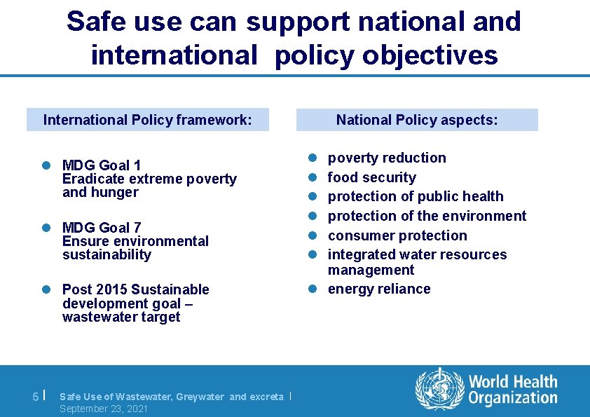 Safe use can support national and international policy objectives International Policy framework: l MDG