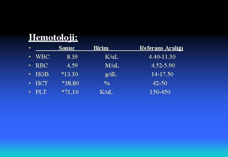 Hemotoloji: • • • WBC RBC HGB HCT PLT Sonuç 8. 39 4, 59