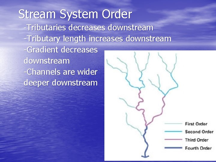 Stream System Order -Tributaries decreases downstream -Tributary length increases downstream -Gradient decreases downstream -Channels