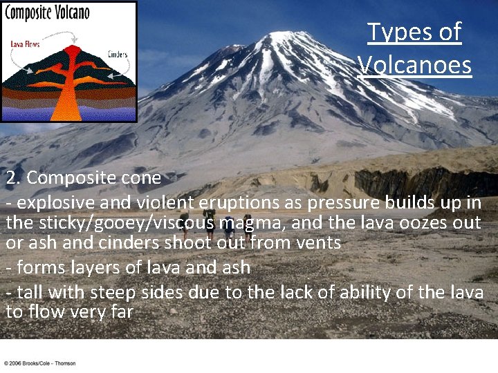 Types of Volcanoes 2. Composite cone - explosive and violent eruptions as pressure builds