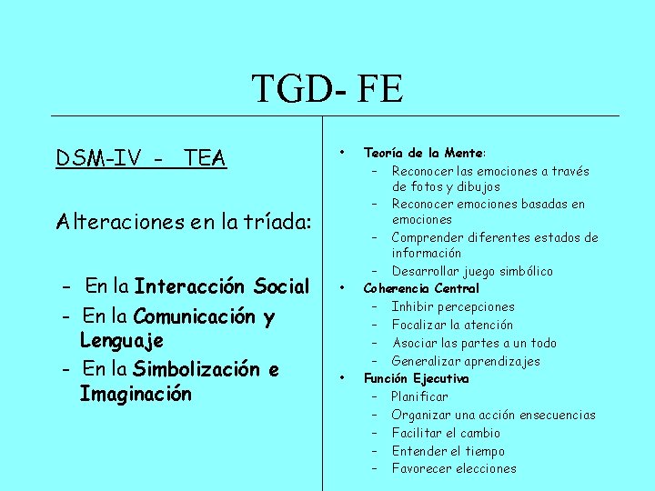 TGD- FE DSM-IV - TEA • Alteraciones en la tríada: - En la Interacción